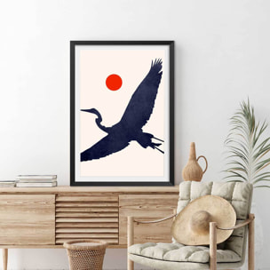 Affiche paysage Grue au soleil levant Affiche sous cadre noir