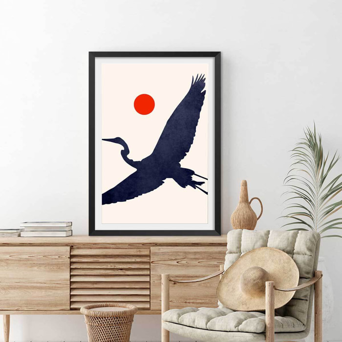 Affiche paysage Grue au soleil levant Affiche sous cadre noir