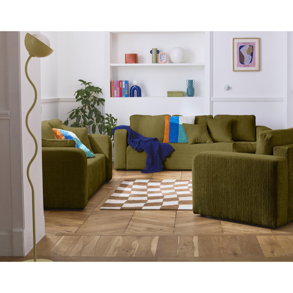 Miro - canapé droit 3 places - convertible avec coffre - en velours texturé - Vert Olive