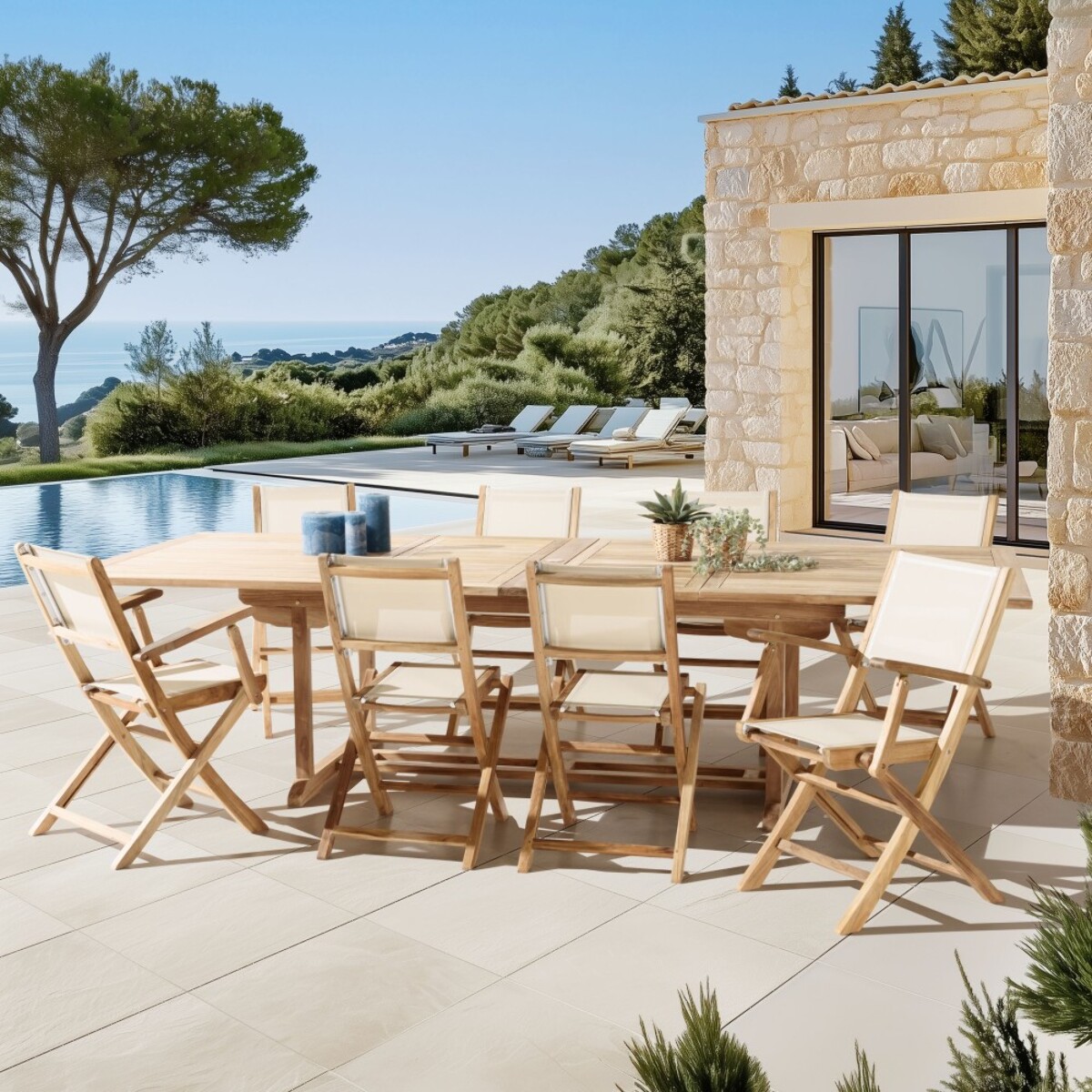 FUN - Ensemble de jardin avec table en bois teck et textilène 10/12 pers.