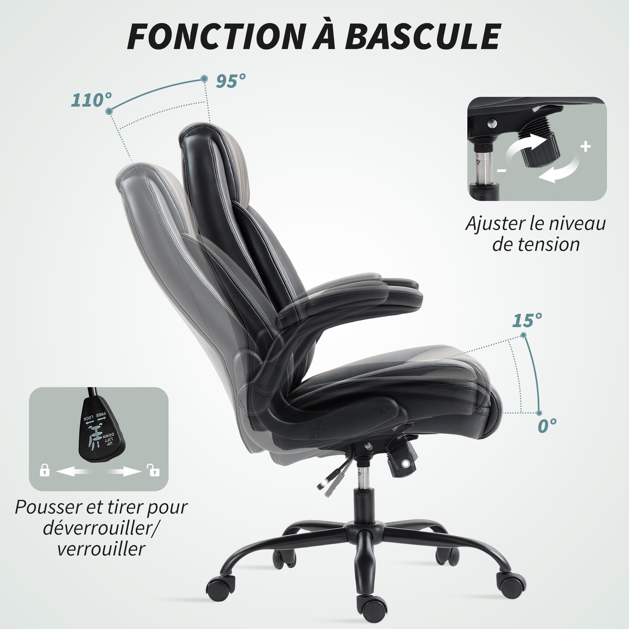 Chaise de bureau manager design réglable accoudoirs relevables acier synthétique noir