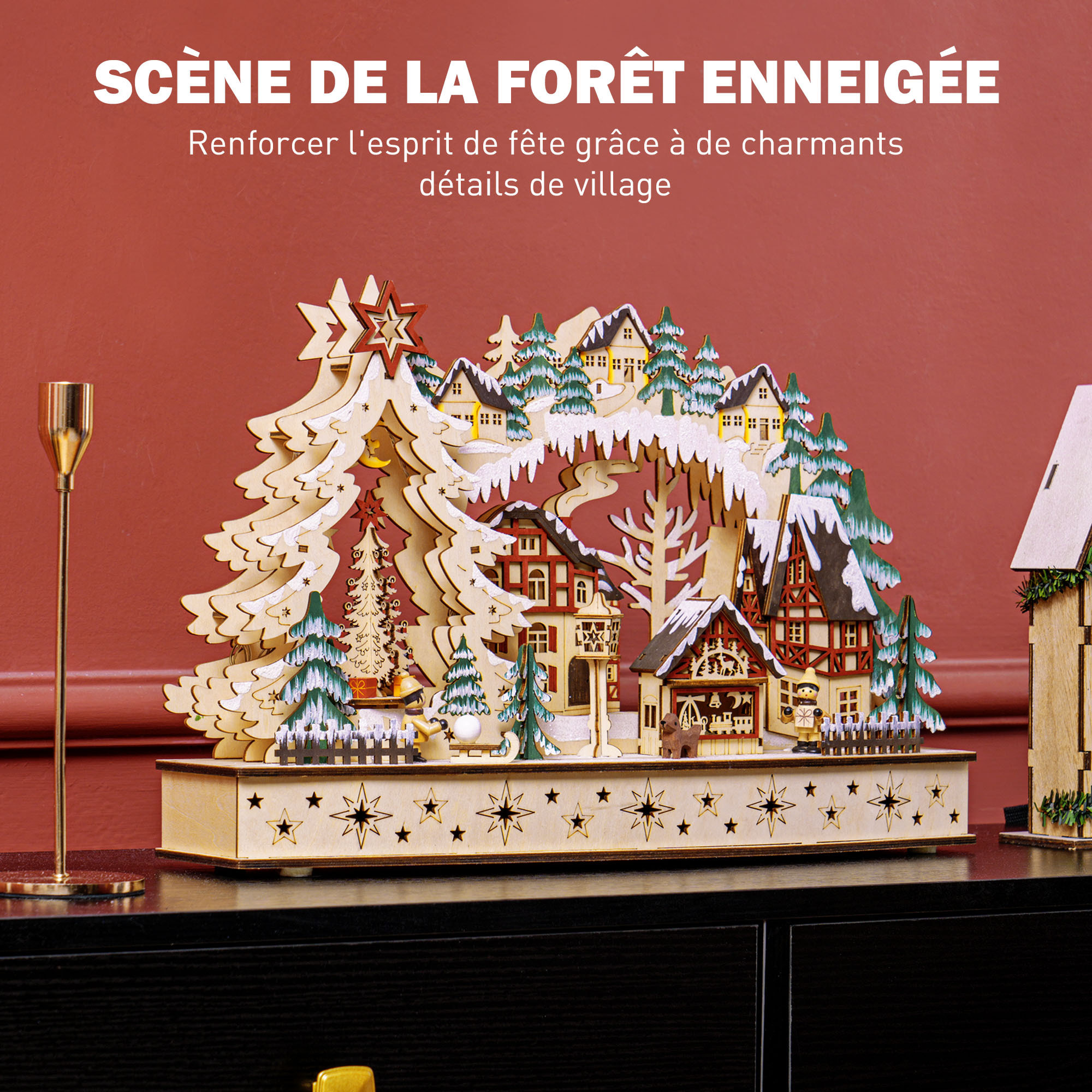 Village de Noël lumineux animé en bois - 20 LED - dim. 45L x 12l x 30H cm