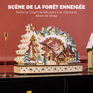 Village de Noël lumineux animé en bois - 20 LED - dim. 45L x 12l x 30H cm