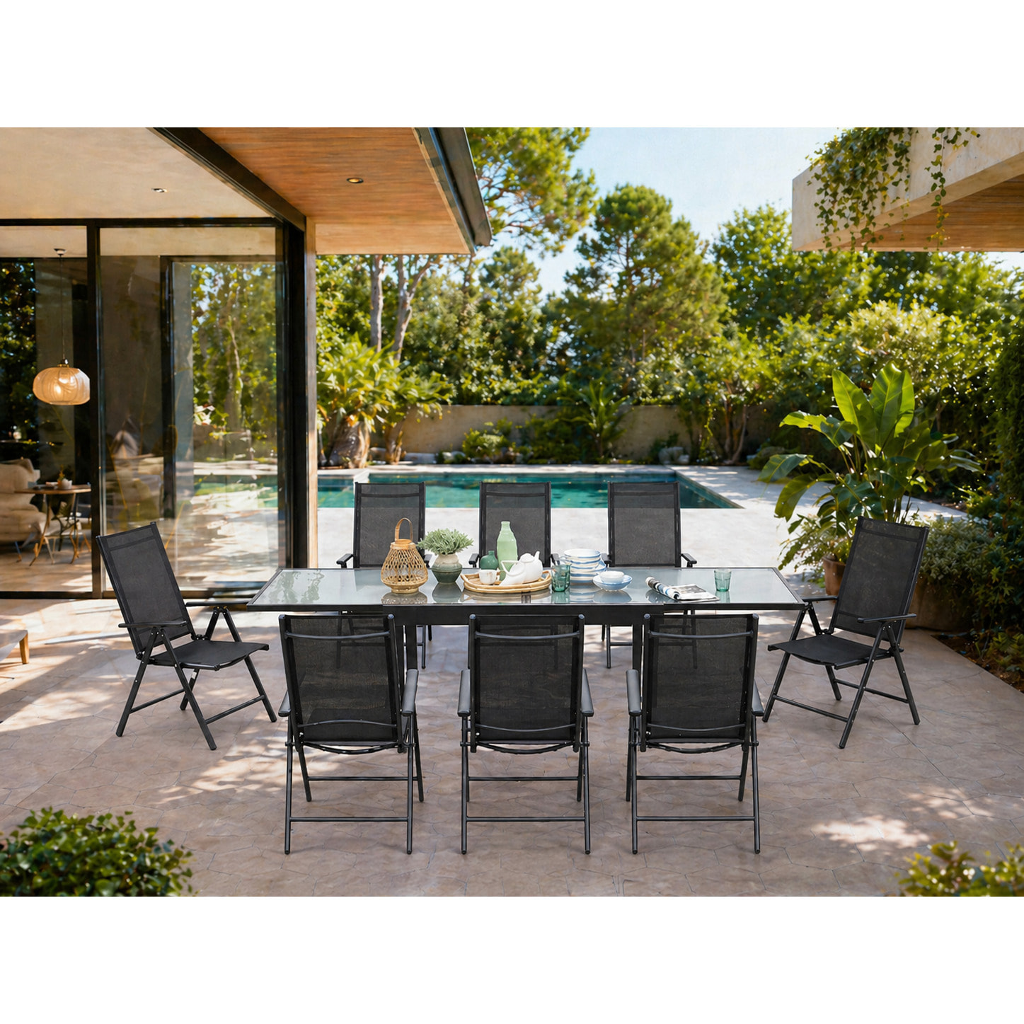 Table de jardin extensible et 8 fauteuils en alu et toile PVC CALAMATA
