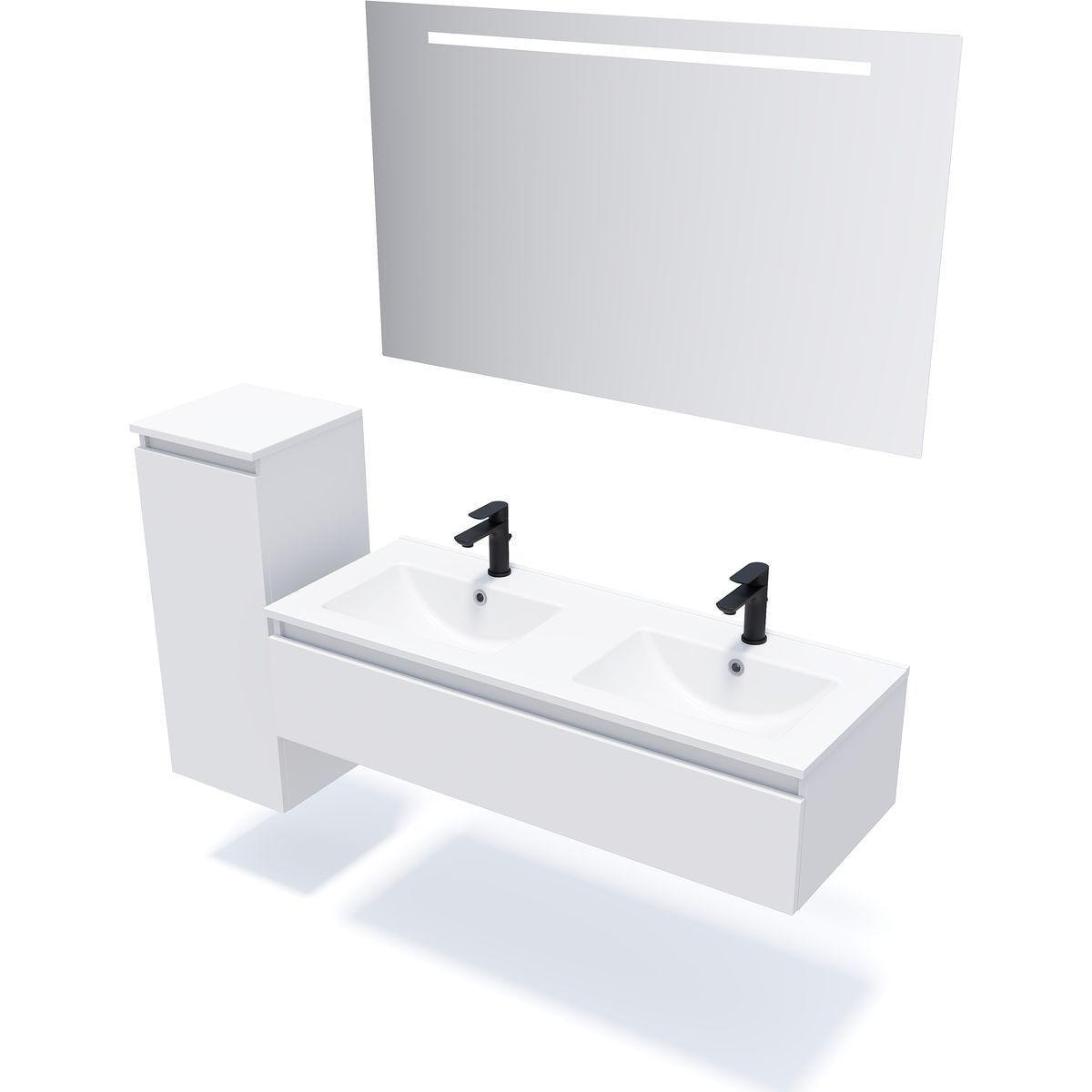 Duo de meuble de salle de bain mobile, sur pieds, avec 3 tiroirs en bois et  double lavabo, 122x47x86cm.