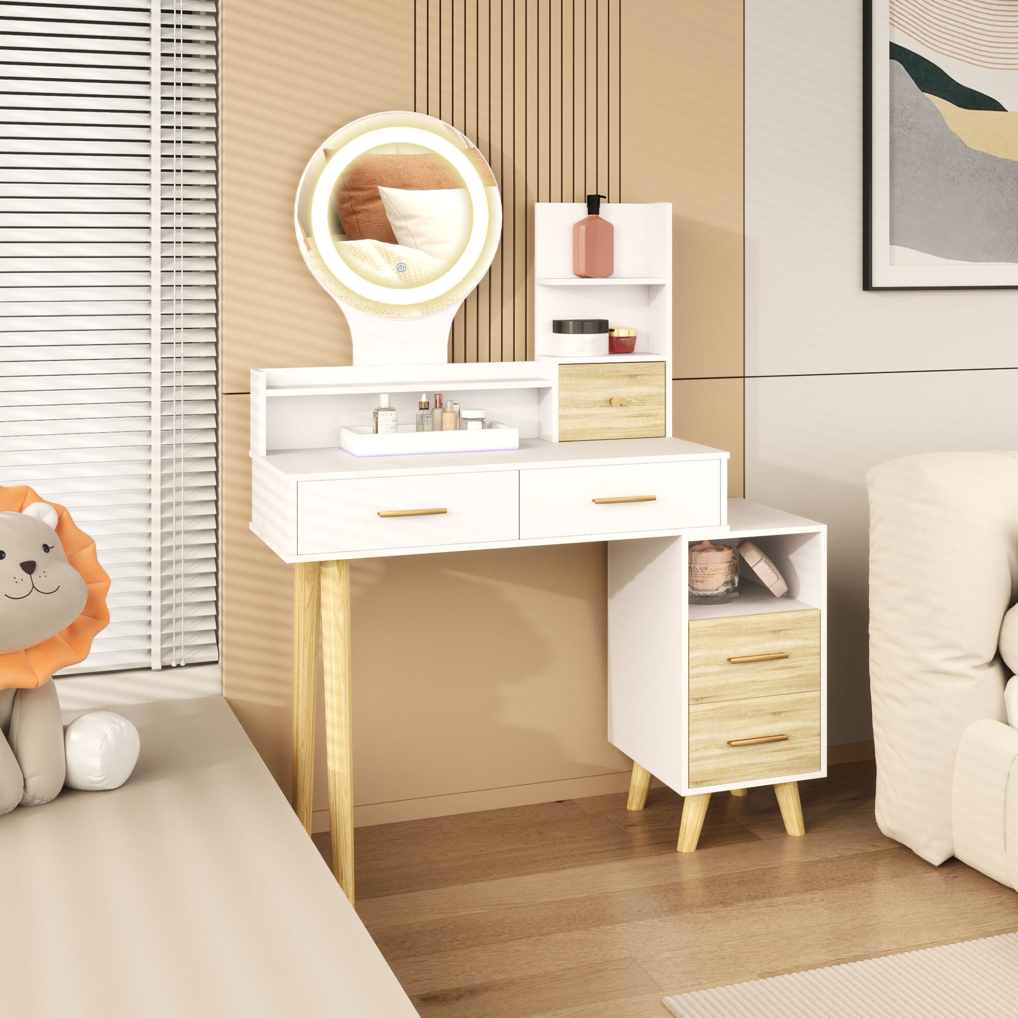 Tocador de Maquillaje con Espejo y Luces LED Mesa de Maquillaje con Iluminación Ajustable 5 Cajones y 4 Compartimentos Tocador para Dormitorio Salón Blanco