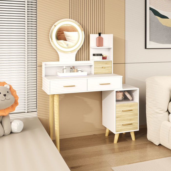 Tocador de Maquillaje con Espejo y Luces LED Mesa de Maquillaje con Iluminación Ajustable 5 Cajones y 4 Compartimentos Tocador para Dormitorio Salón Blanco