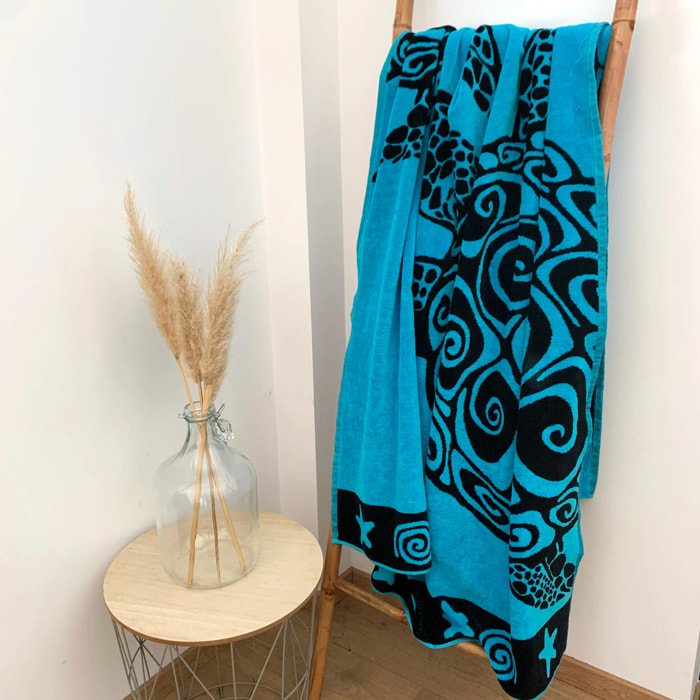 Serviette de plage éponge velours Jacquard - Turquoise Turtle - 100x175cm - 470g/m²