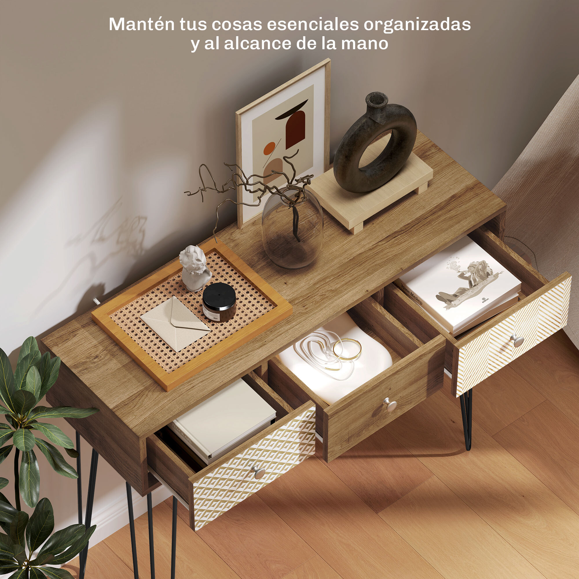 Mesa de Consola, Mesa de Sofá con 3 Cajones, Consola para Recibidor Estrecha con Patas de Acero Tipo Horquilla, para Salón, Pasillo, Entrada, Natural