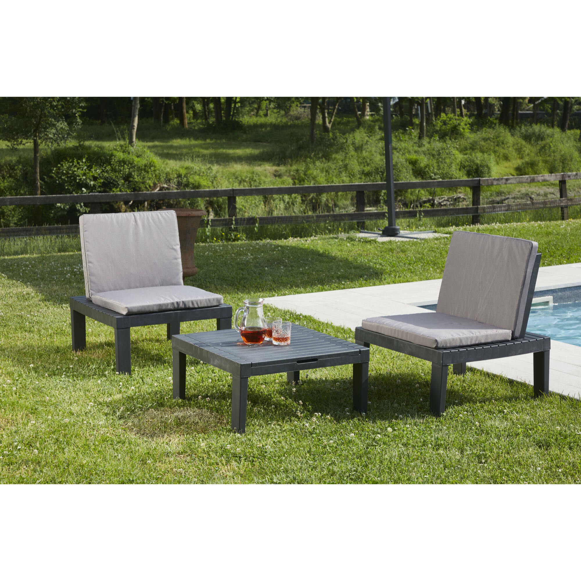 Set salotto da esterno Dbaggi, Set da giardino con 2 sedute con schienale ed 1 modulo multifunzione, Salottino con cuscini, 100% Made in Italy, Antracite