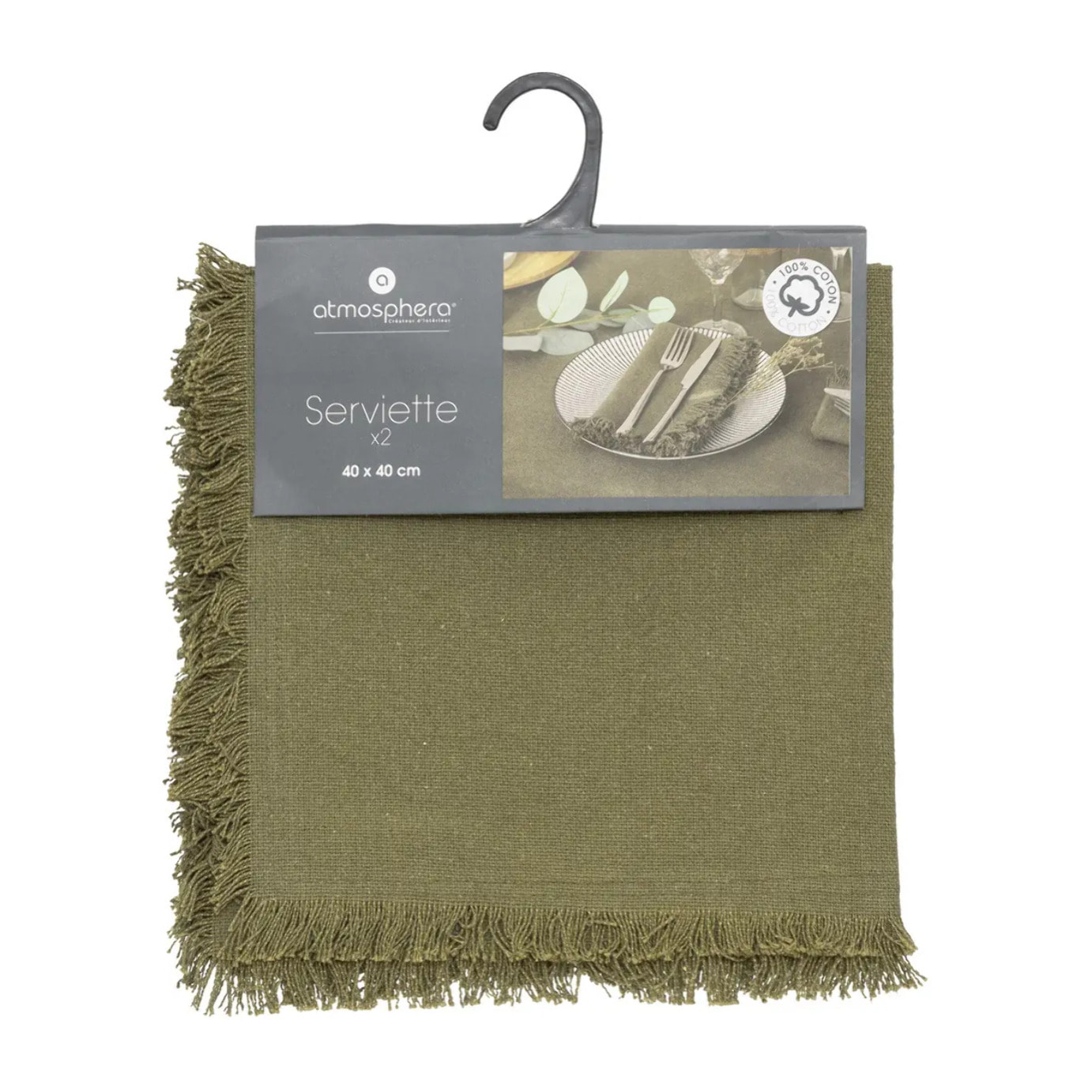 Lot de 2 serviettes de table "Maha" - coton - vert kaki - 40x40 cm