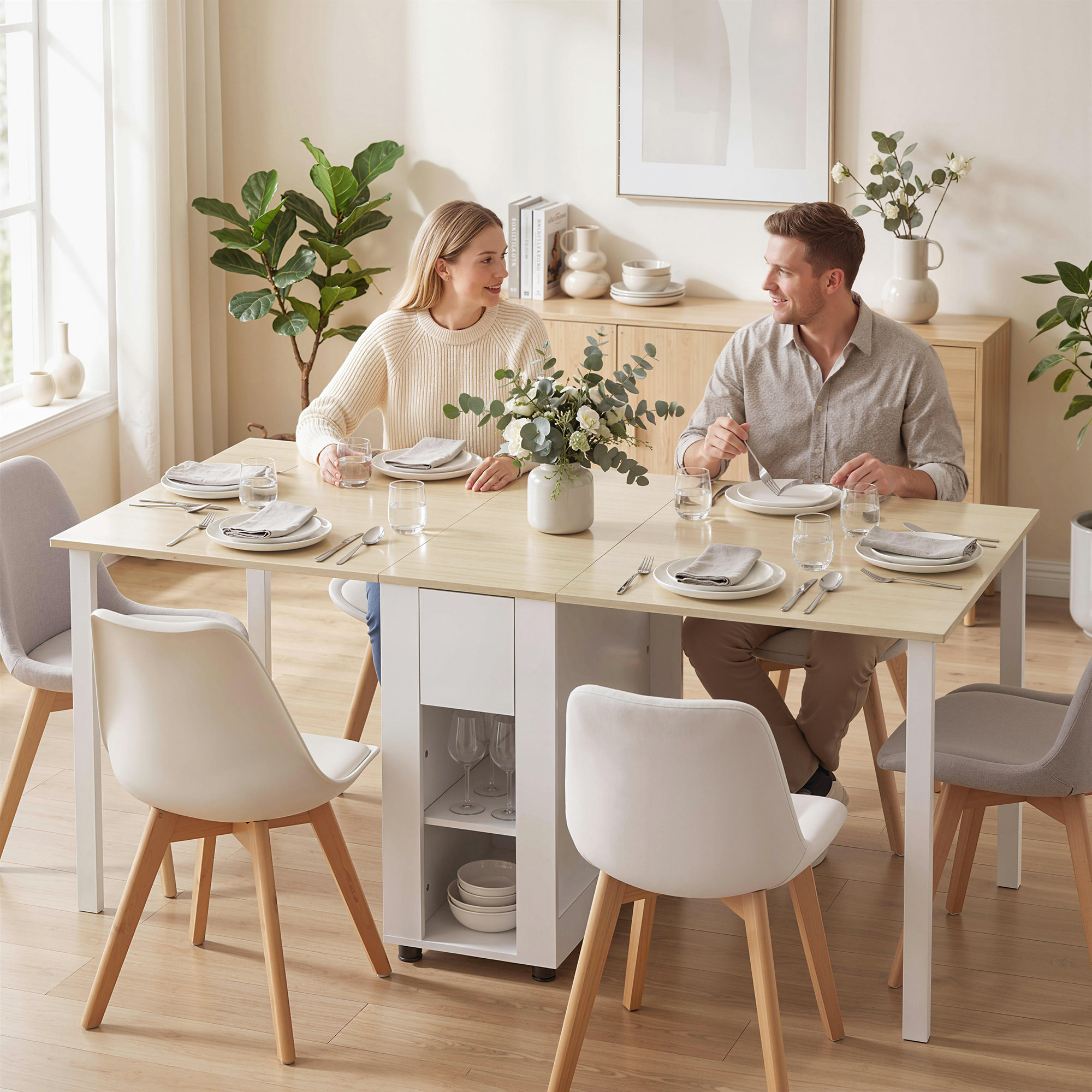 Mesa Plegable de Comedor, Mesa de Cocina Plegable para 6 Personas, con Alas Abatibles, Cajones, Estantes Abiertos, para Salón, Espacio Pequeño, 168,2x85x73 cm, Blanco