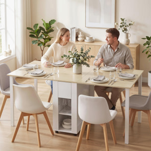 Mesa Plegable de Comedor, Mesa de Cocina Plegable para 6 Personas, con Alas Abatibles, Cajones, Estantes Abiertos, para Salón, Espacio Pequeño, 168,2x85x73 cm, Blanco