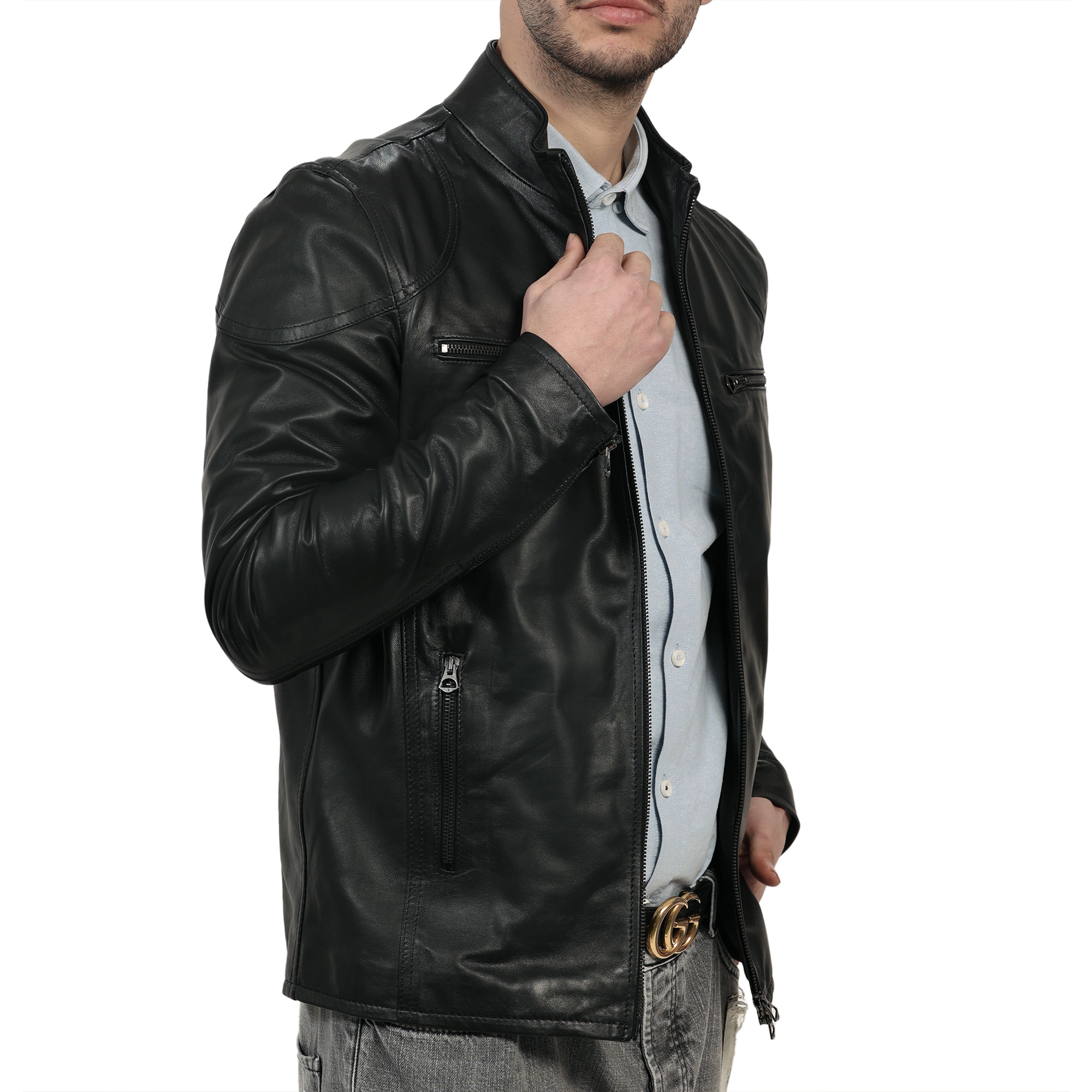 Giubbino in pelle di vitello nappa Nero-Slim Fit