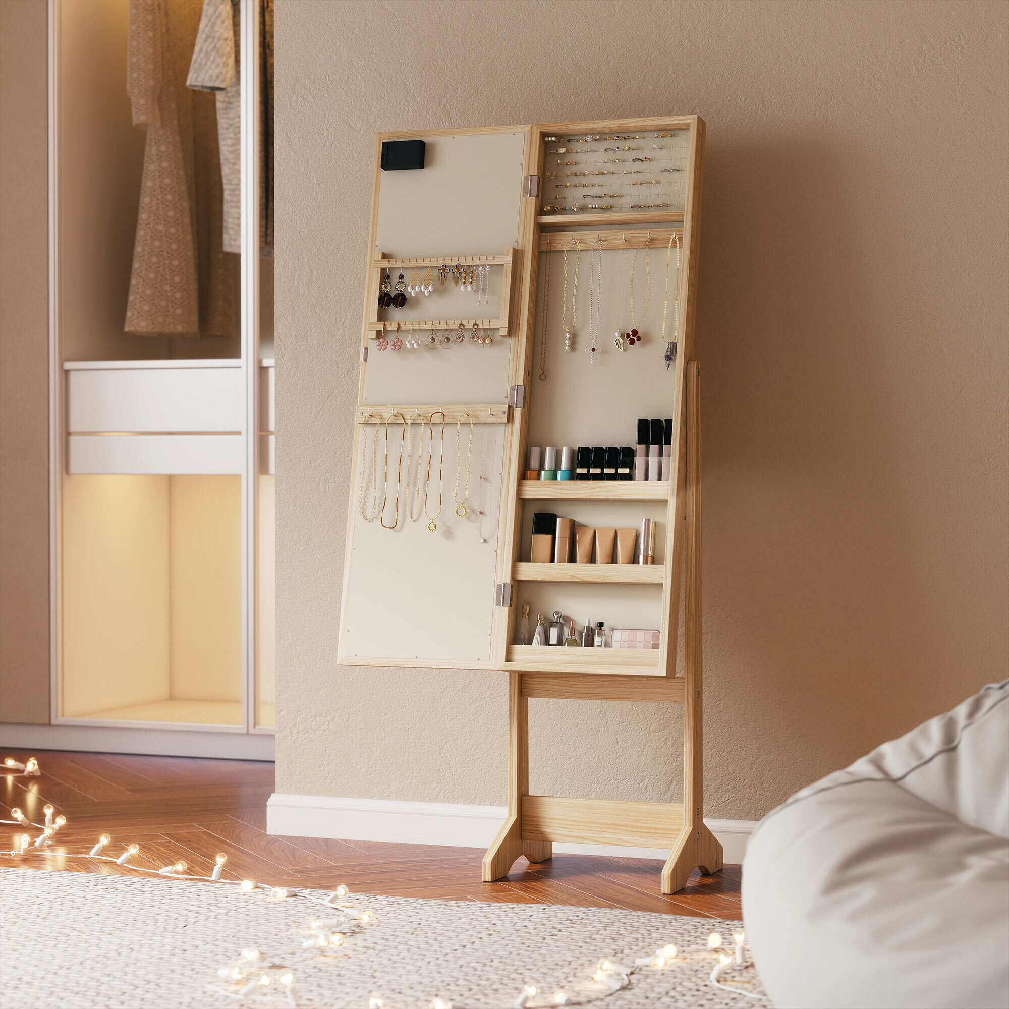 Espejo Joyero con Luces LED, Armario para Joyas, Armario Joyero de Pie con Espejo Entero, Ángulo Ajustable, con Estantes, Ranuras para Anillos, Madera Natural