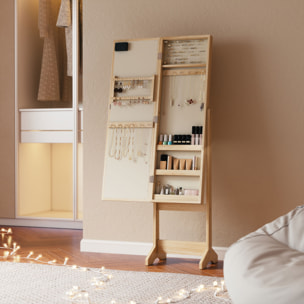 Espejo Joyero con Luces LED, Armario para Joyas, Armario Joyero de Pie con Espejo Entero, Ángulo Ajustable, con Estantes, Ranuras para Anillos, Madera Natural