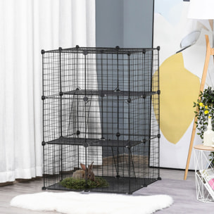 Cage parc enclos modulable rongeurs 3 niveaux 39 panneaux fil métallique PP noir