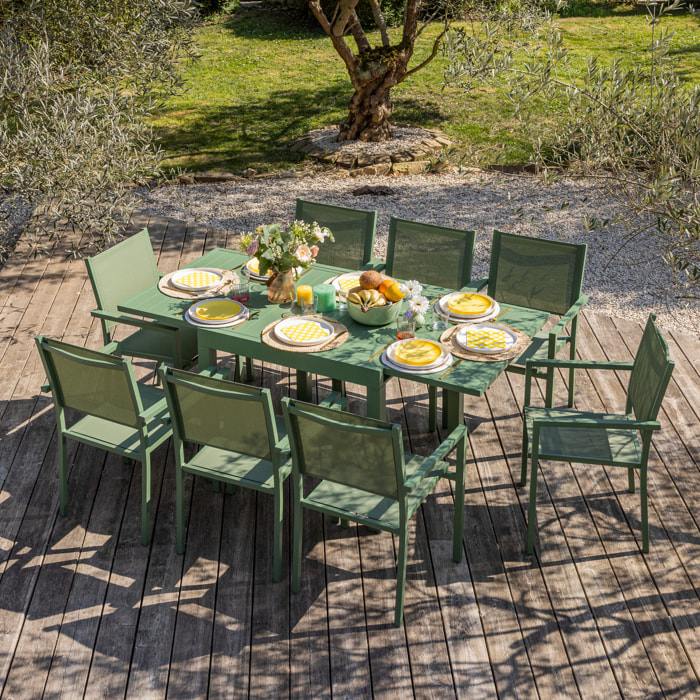 Salon de jardin VENEZIA extensible 90/180 en textilène vert sauge 8 places - aluminium vert sauge