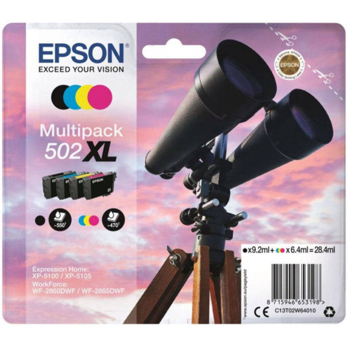 Cartouche d'encre EPSON Pack Multipack 4 Originales 502 XL (Noir + 3 Couleurs) - C13T02W64010