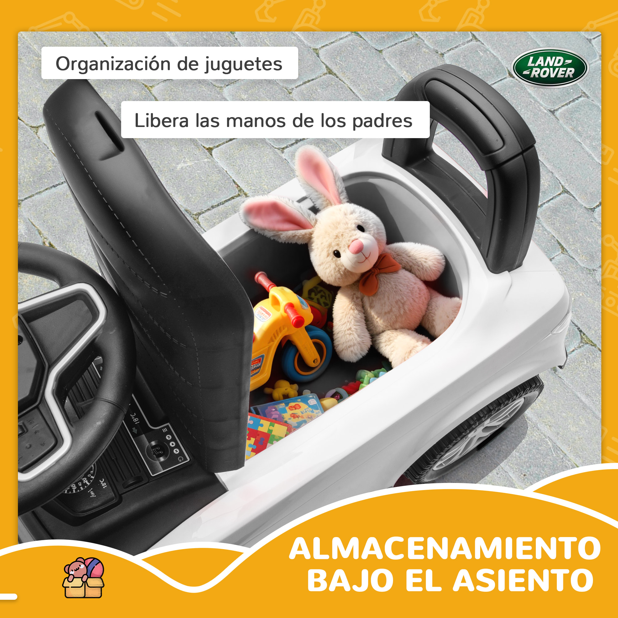 Coche Correpasillos con Licencia de Land Rover, Correpasillos para Niños de 18-36 Meses con Almacenaje, Volante, Bocina, Sonidos de Motor, 65,5x28x42 cm, Blanco