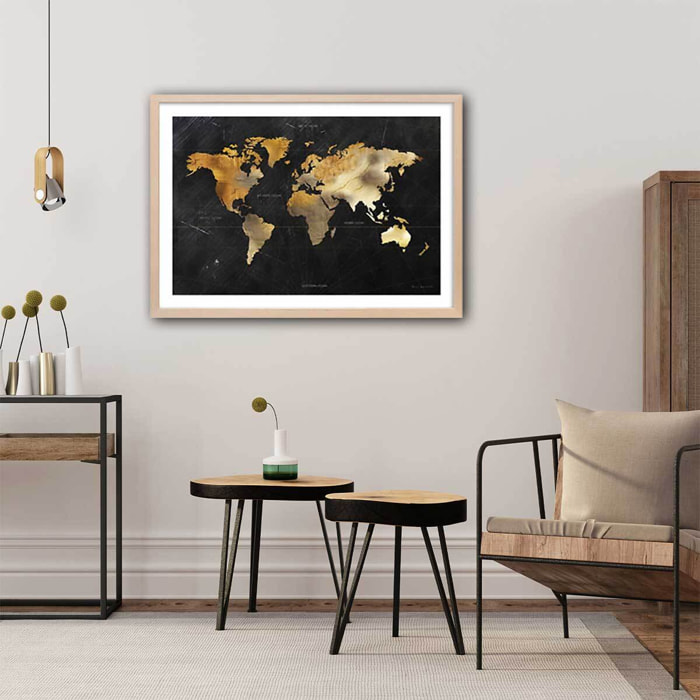 Affiche Carte du monde dorée Affiche + cadre en bois - Chêne