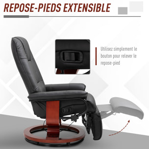 Fauteuil relax inclinable repose-pieds réglable pivotant 360° piètement bois revêtement PU noir