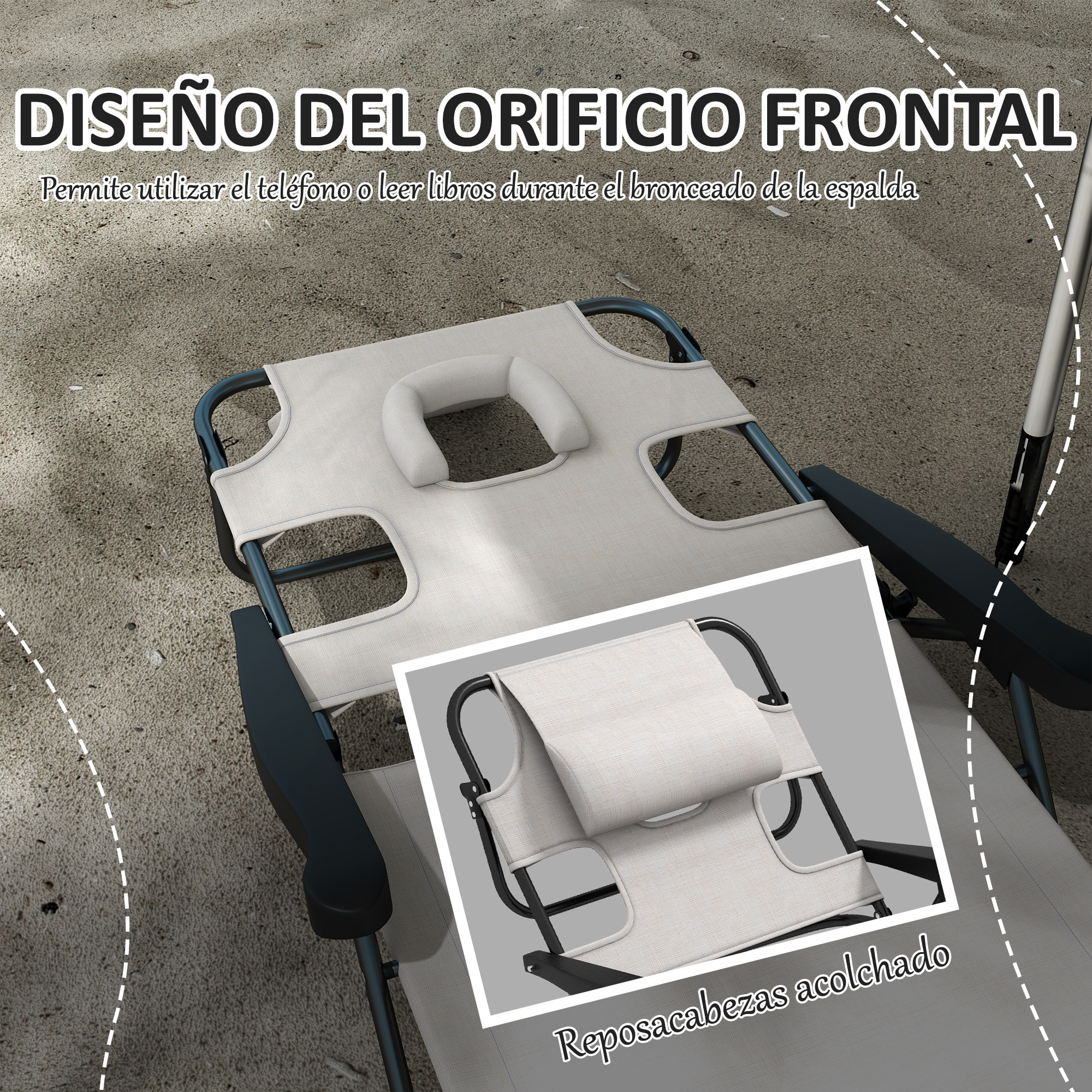 Outsunny Tumbona Plegable Tumbona de Jardín con Respaldo Ajustable en 4 Niveles Orificio de Lectura y Reposacabezas para Terraza Piscina 194x72x31 cm Crema