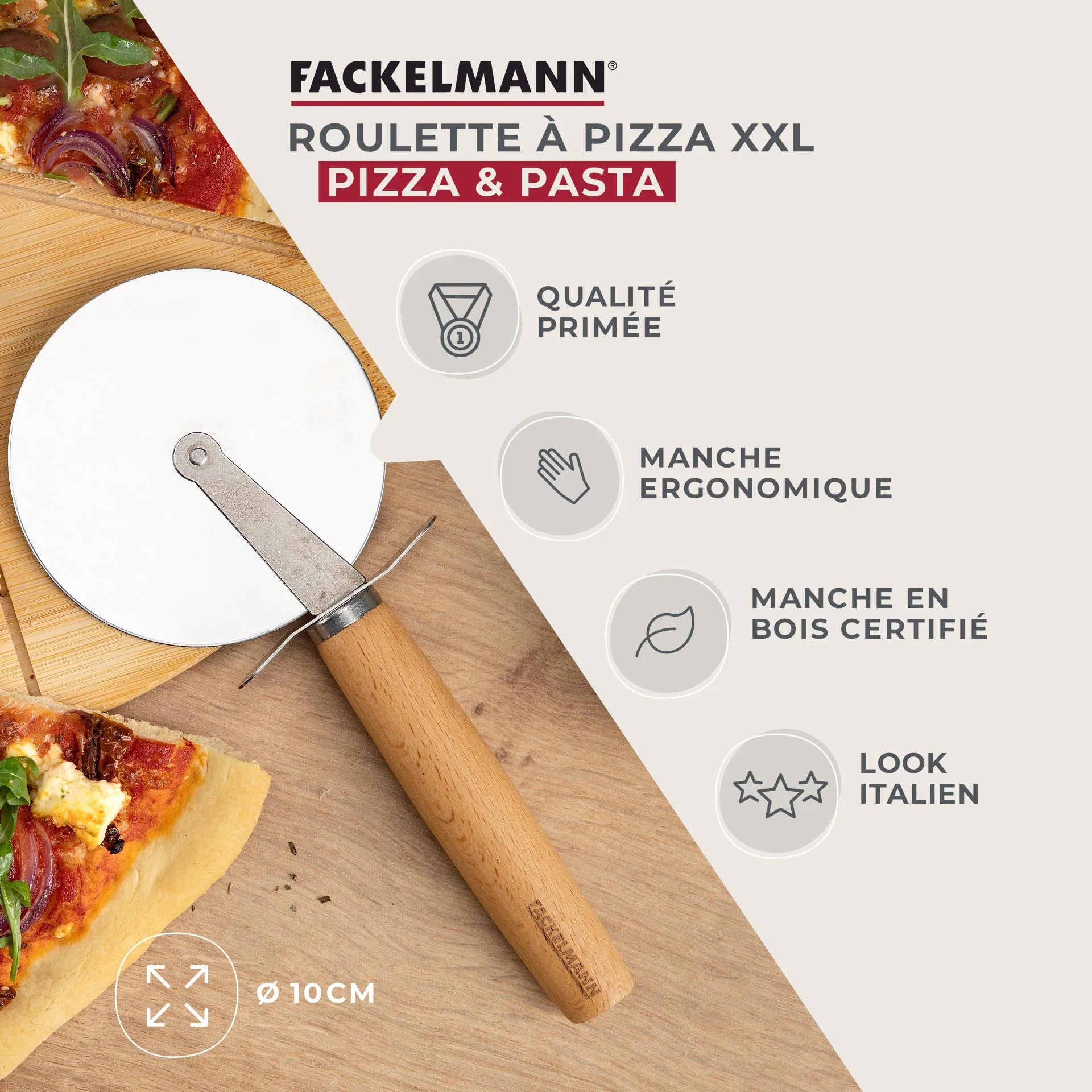Roulette à pizza géante manche en bois 23 cm Fackelmann Pizza & Pasta