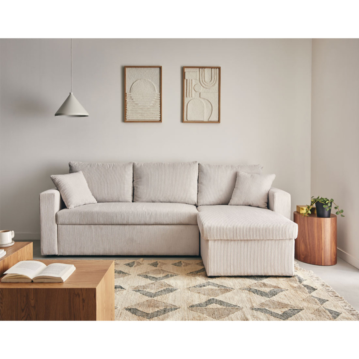 Cyrus - canapé d'angle réversible 4 places - convertible avec coffre - en velours côtelé - Beige