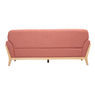 Canapé scandinave 3 places en tissu effet velours texturé terracotta et bois clair YOKO