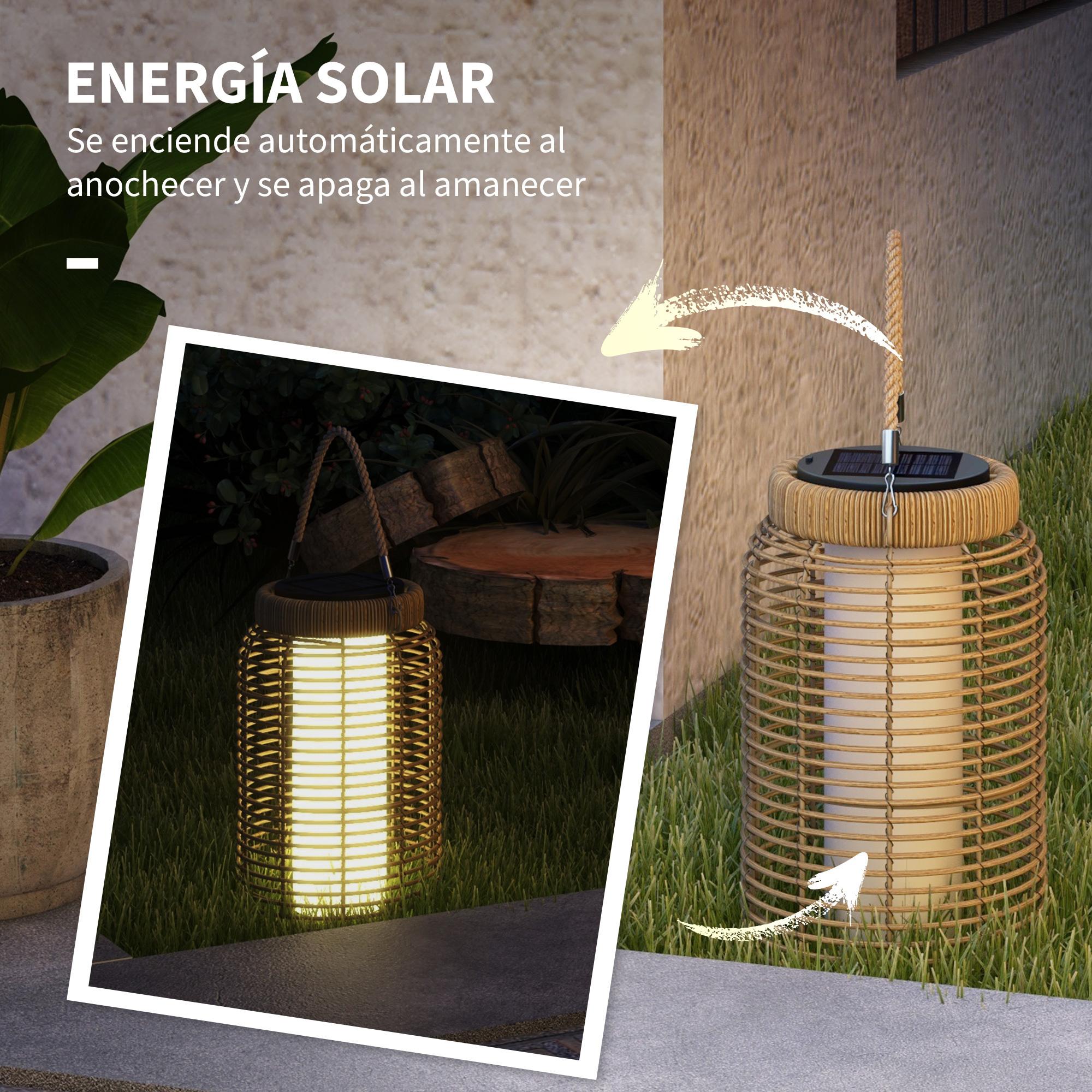 Linterna de Jardín de Ratán Farola Solar de Exterior con Panel Solar Luces LED Encendido y Apagado Automático para Interior y Exterior Ø18x37 cm Arena