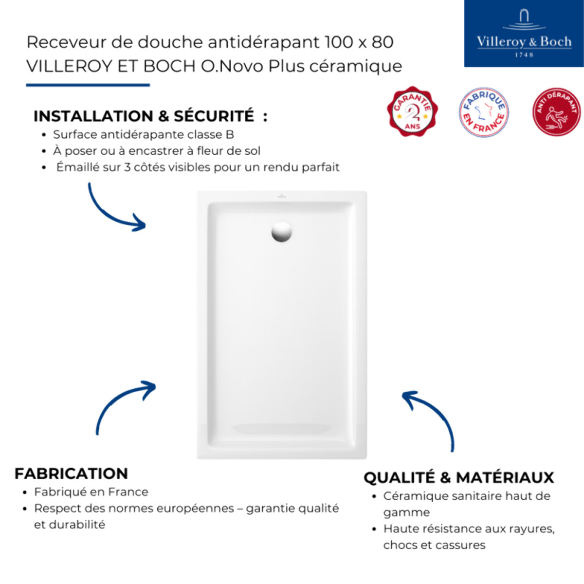 Receveur de douche antidérapant 100 x 80 O.Novo Plus céramique blanc