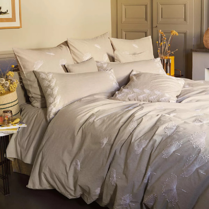 Housse de couette pur coton lavé tissé teint brodé beige Brise d'ete naturel