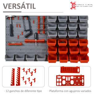 DURHAND Estante de Pared Organizador para Herramientas Estanterías de Almacenaje con 28 Cajas Apilables y Diferentes Ganchos 54x22x95 cm Gris y Rojo