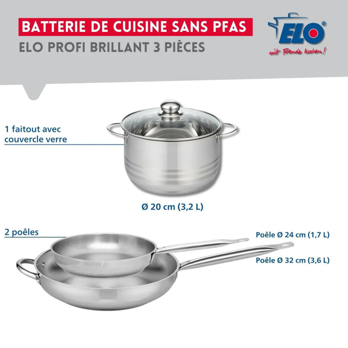 Ensemble de 2 Poêles de cuisson 24 et 32 cm et 1 faitout 20 cm Elo Profi Brillant