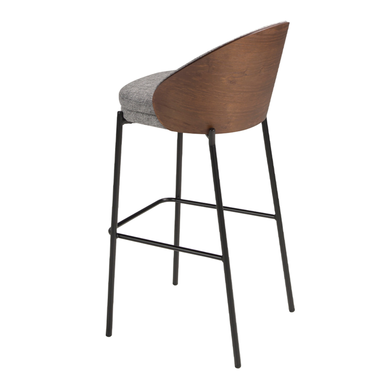 Taburete tapizado en tela gris y respaldo de madera chapada en nogal natural con estructura de patas de acero inoxidable negro 53x51x98cm