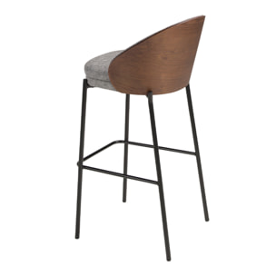 Taburete tapizado en tela gris y respaldo de madera chapada en nogal natural con estructura de patas de acero inoxidable negro 53x51x98cm