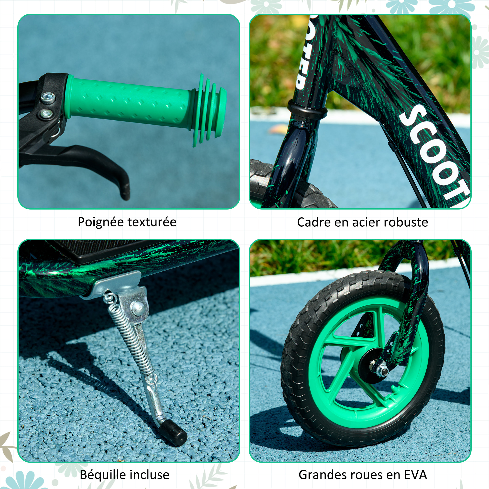 Trottinette patinette enfant à partir de 6 ans roues 30 cm guidon réglable poignée frein et béquille acier vert