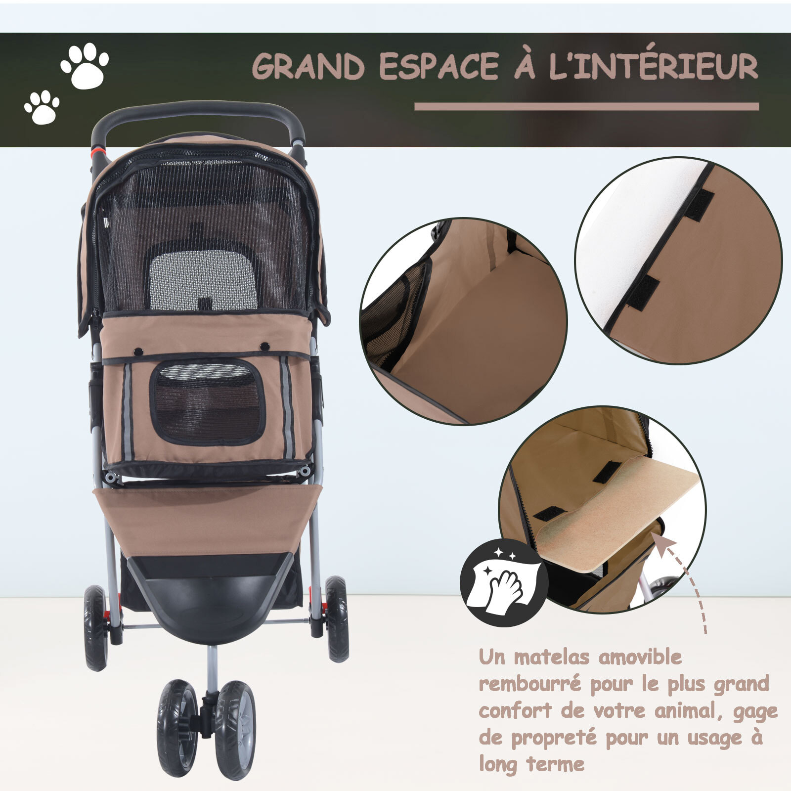 Poussette buggy pour chien chat animaux roue avant pivotante 360 degrés marron