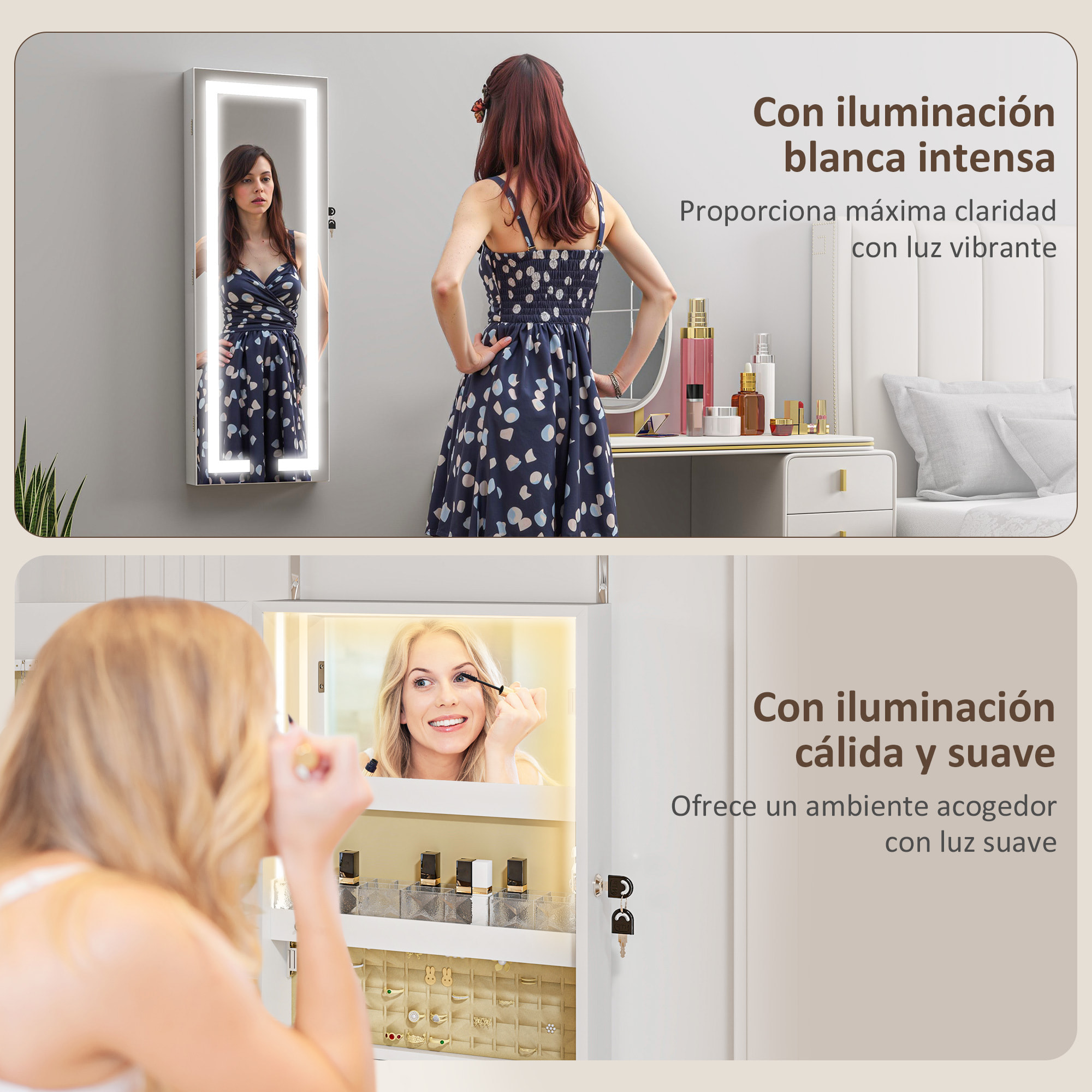 Espejo Joyero de Pared Espejo Joyero Colgante con Luces LED y Cerradura Espejo Integrada Armario de Joyas para Colgar en la Pared o en la Puerta Blanco