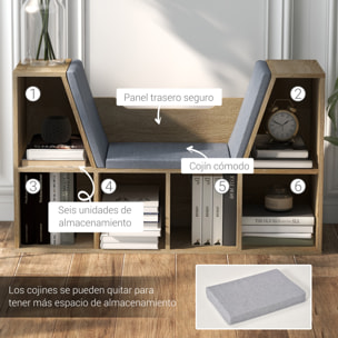Librería con Asiento Estantería de Libros con 6 Cubos Zapatero con Banco con Cojín Multiusos para Sala de Estar Oficina Dormitorio 102x30x61cm Roble y Gris