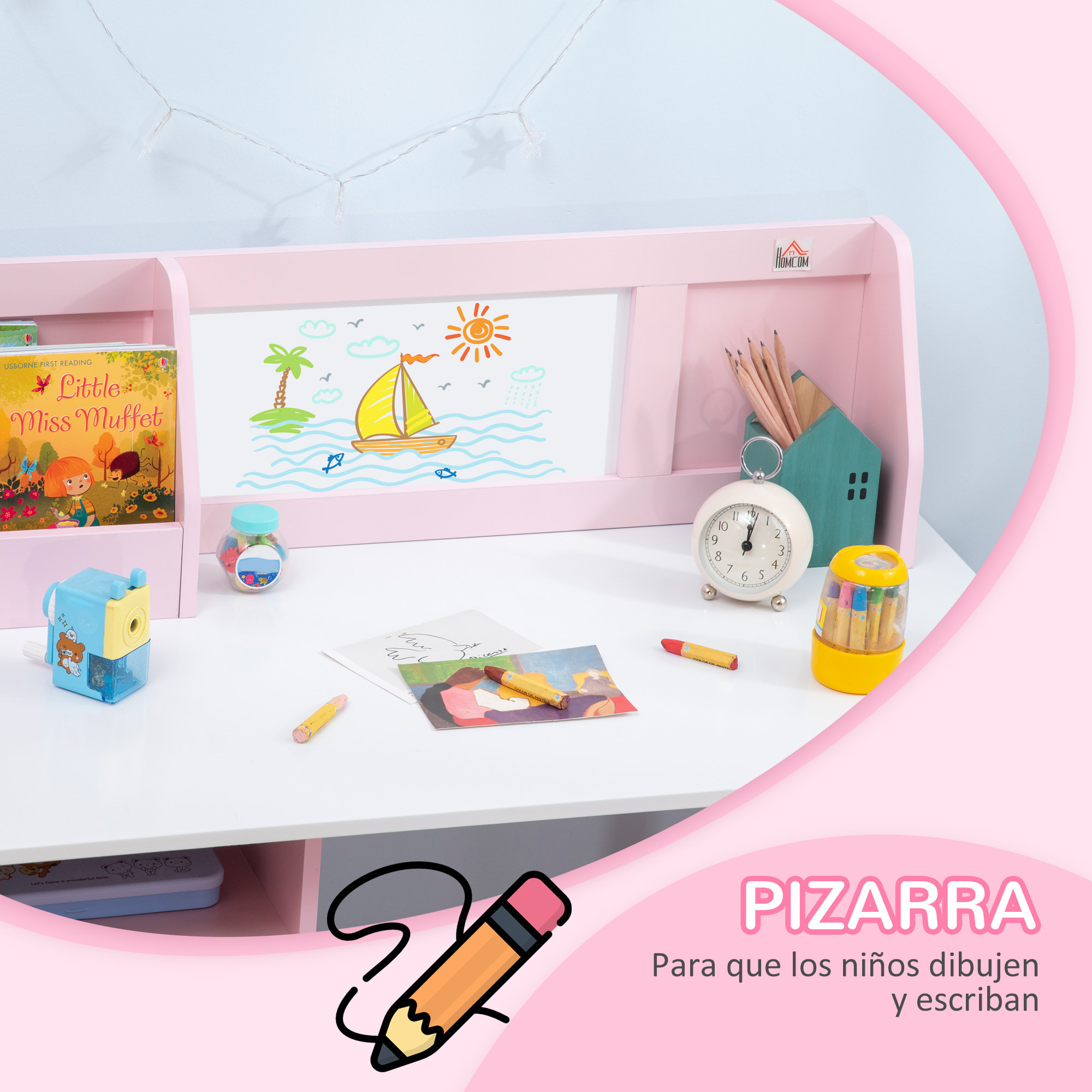 Juego de Mesa y Silla Infantil de Madera con Pizarra Blanca 90x45x85 cm Rosa