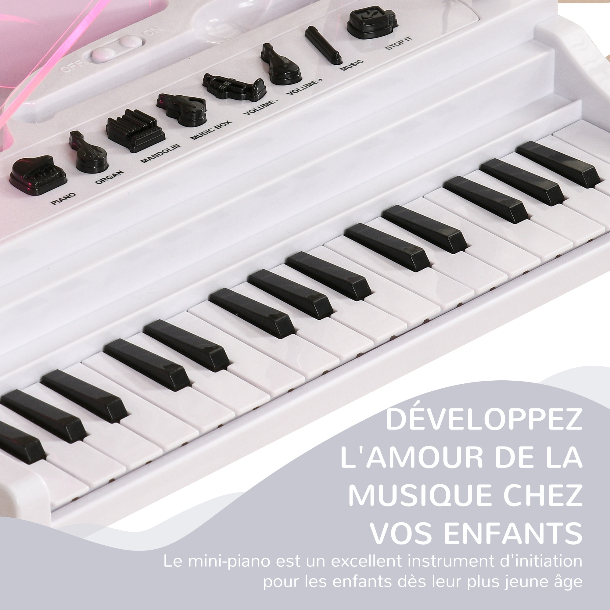 Jouet musical piano électronique - tabouret, micro et support - clavier 37 touches, effet lumineux, nombreux modes - PP blanc