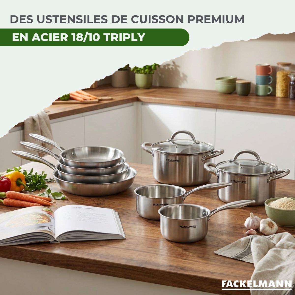 Poêle à Frire, Casseroles, Faitouts inox 18/10 Triply et couvercle Fackelmann Vita3