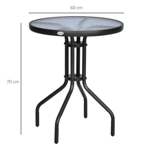 Mesa de Jardín Redonda Encimera de Vidrio Templado Marco de Metal Ø60x70cm Negro