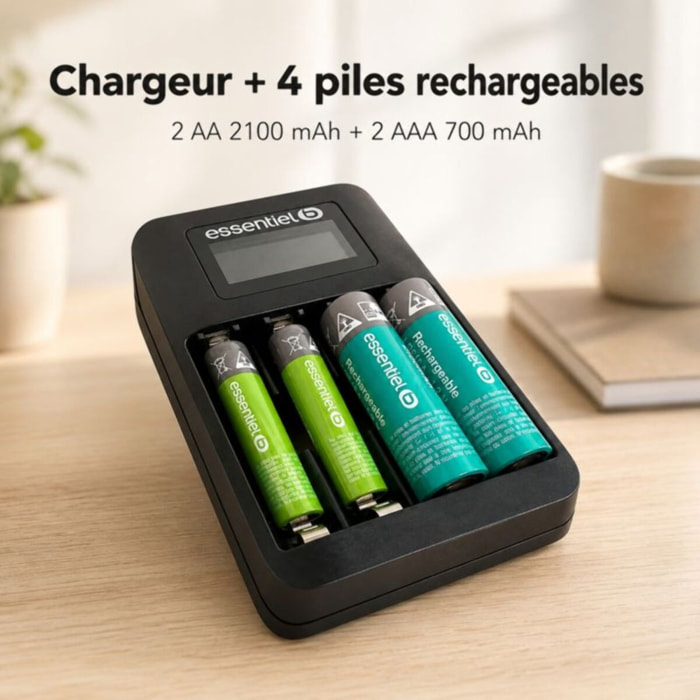 Chargeur de piles ESSENTIELB +LR06 AA x2 2100NimH+LR03 AAA x2 700NimH