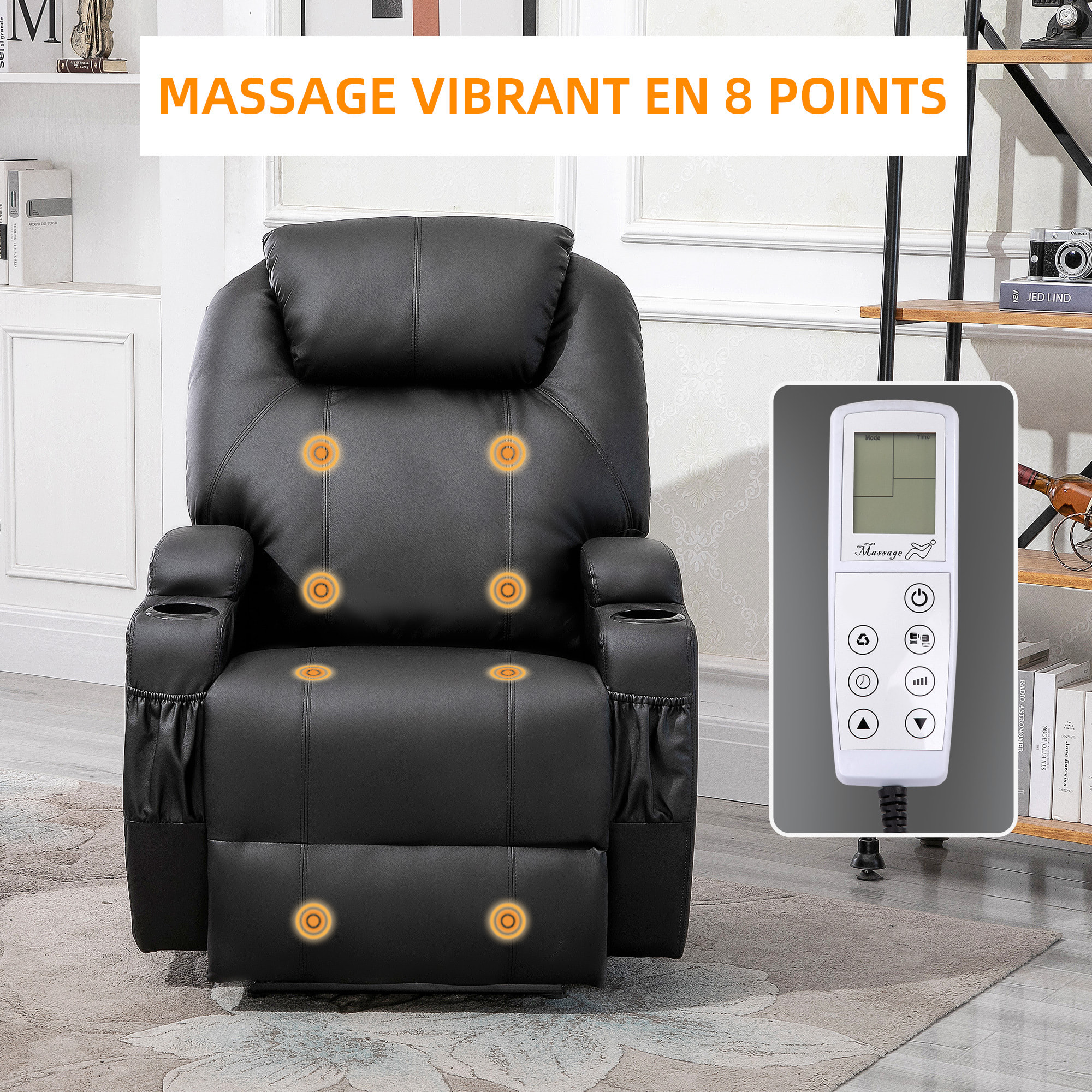 Fauteuil luxe de relaxation et massage inclinaison dossier repose-pied électrique revêtement synthétique noir