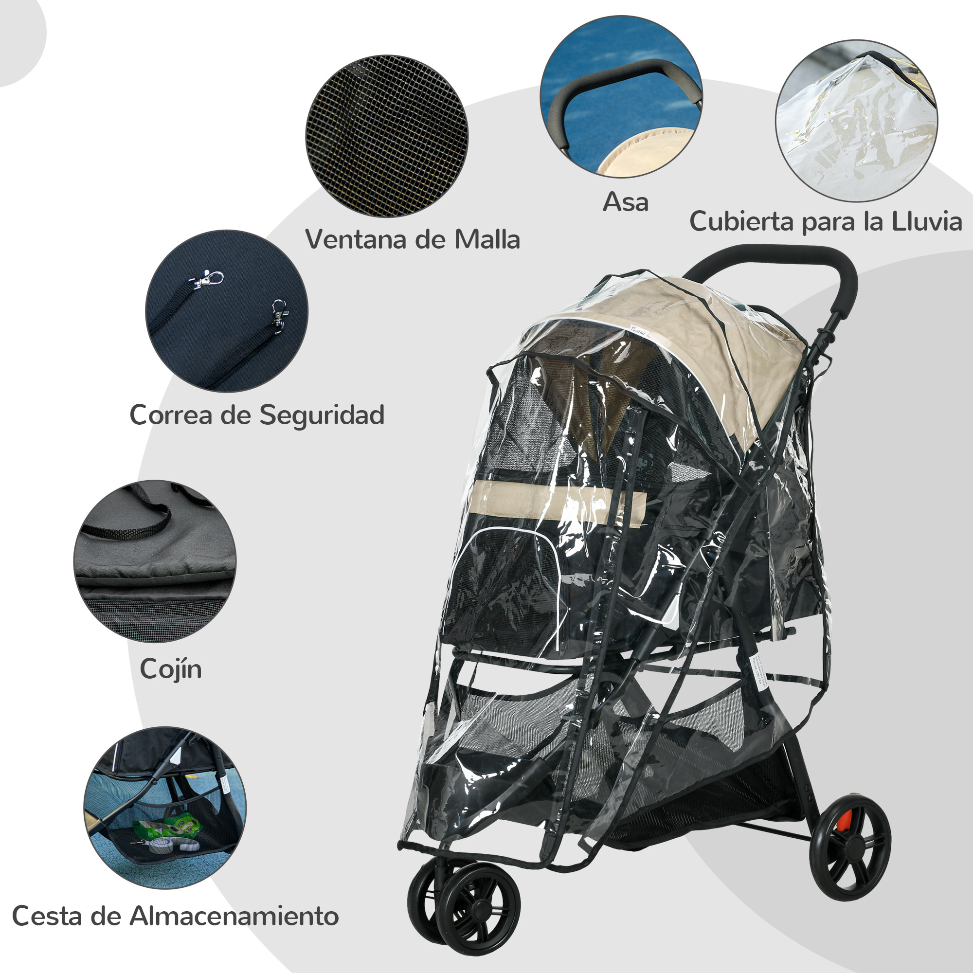 Carrito para Perros Plegable Cochecito para Mascotas Carrito para Perros Pequeños con Cesta de Almacenaje Ventana de Malla Cubierta para Lluvia y 2 Ruedas Universales 80,5x51,5x100 cm Caqui