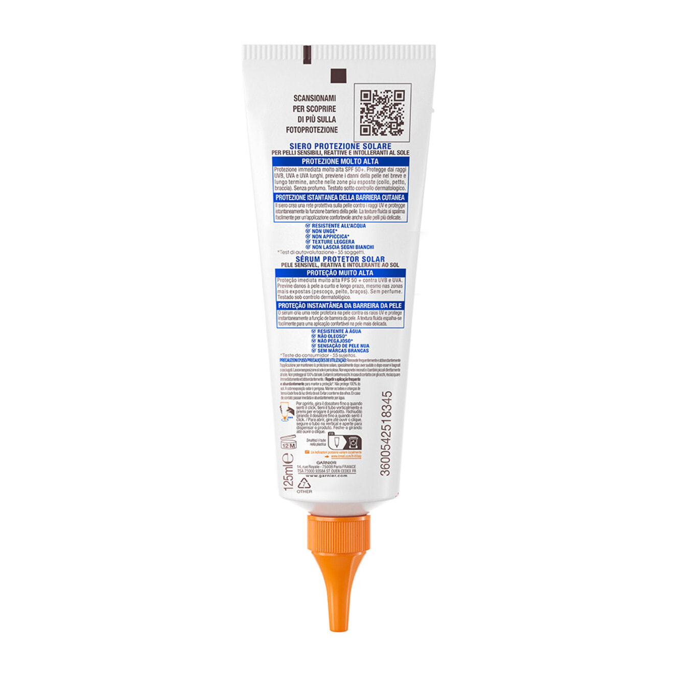 Siero Solare Viso Protettivo SPF 50+ Ipoallergenico Ambre Solaire Sensitive Advanced Protezione Molto Alta per Pelli Sensibili - Flacone da 125ml