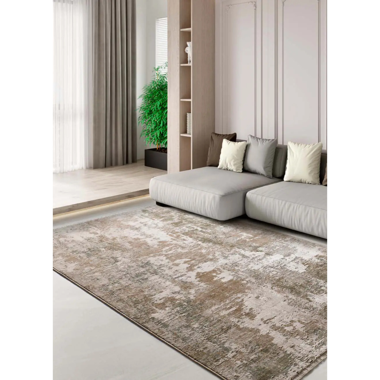 ONA Alfombra abstracta con flecos beige y verde, varias medidas disponibles.